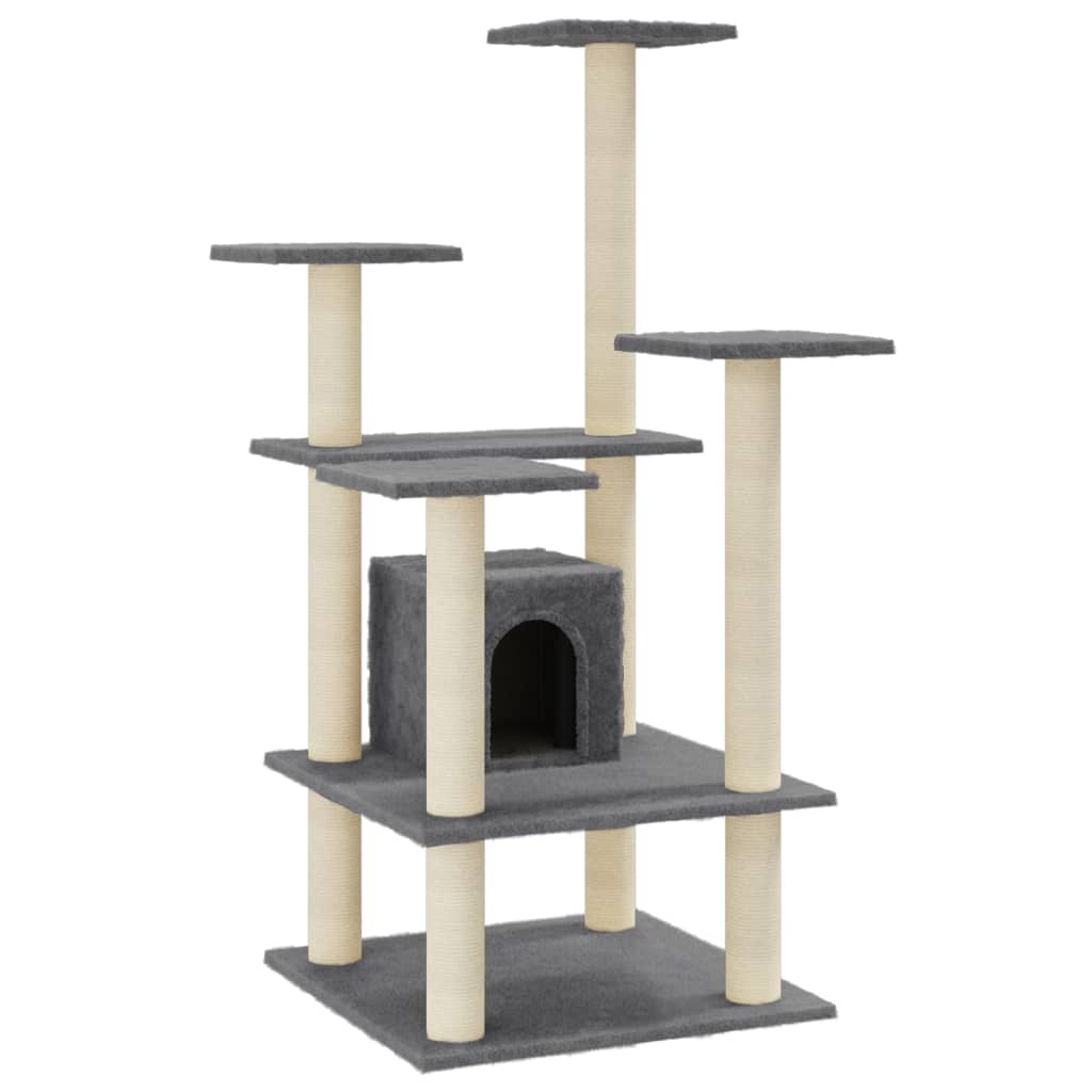 Cat house with sisal rope scratching post, dark grey, 110 cm