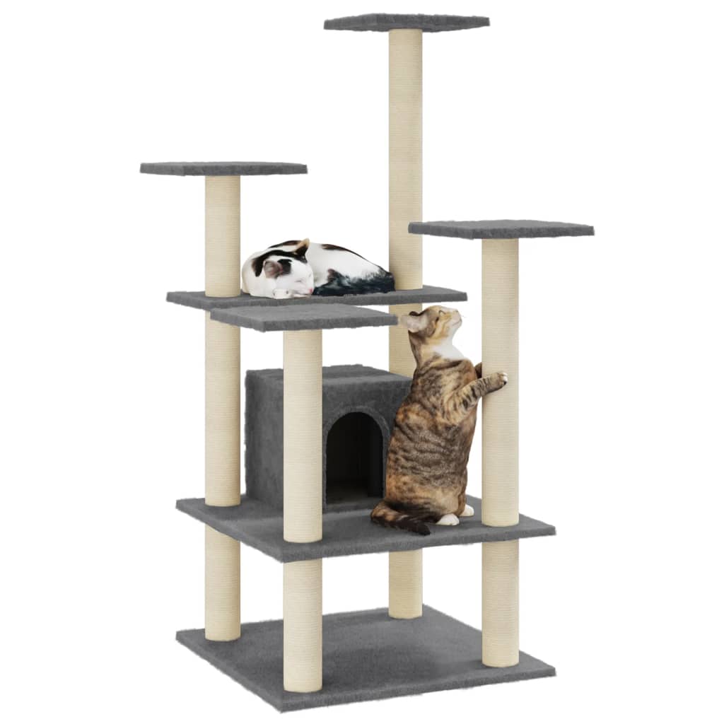 Cat house with sisal rope scratching post, dark grey, 110 cm