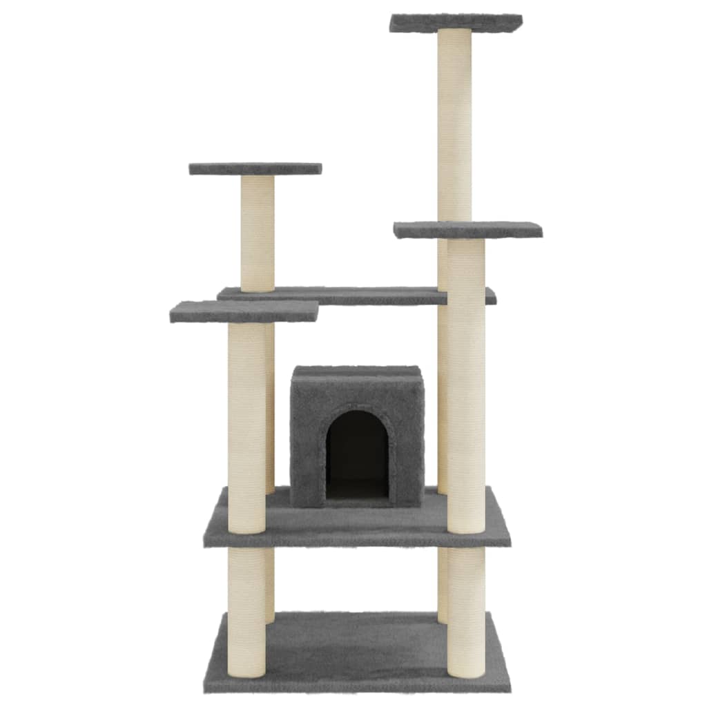 Cat house with sisal rope scratching post, dark grey, 110 cm