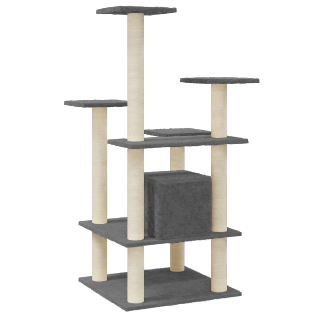 Cat house with sisal rope scratching post, dark grey, 110 cm