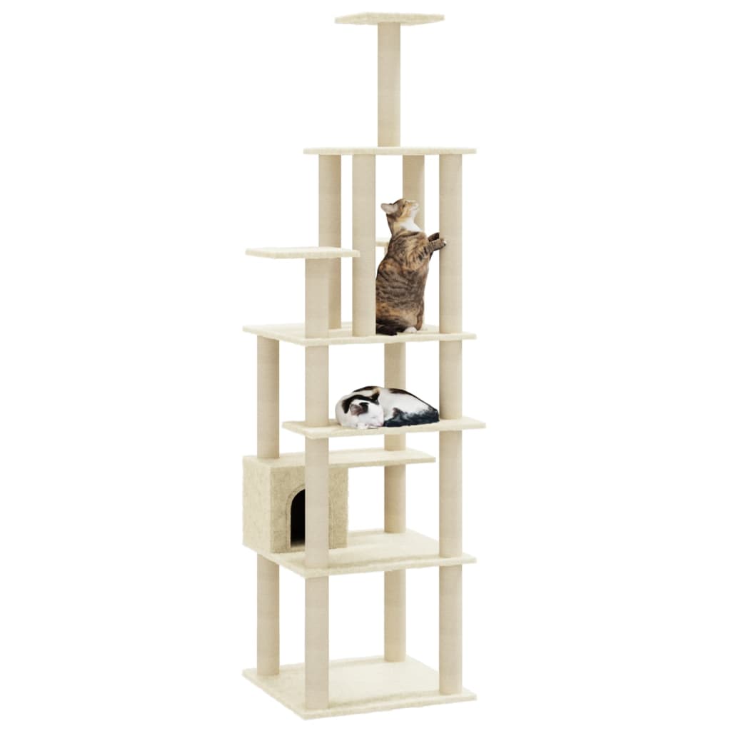 Cat house with sisal rope and scratching post, cream, 183 cm