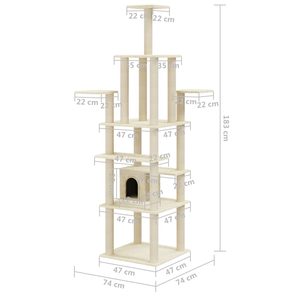 Cat house with sisal rope and scratching post, cream, 183 cm