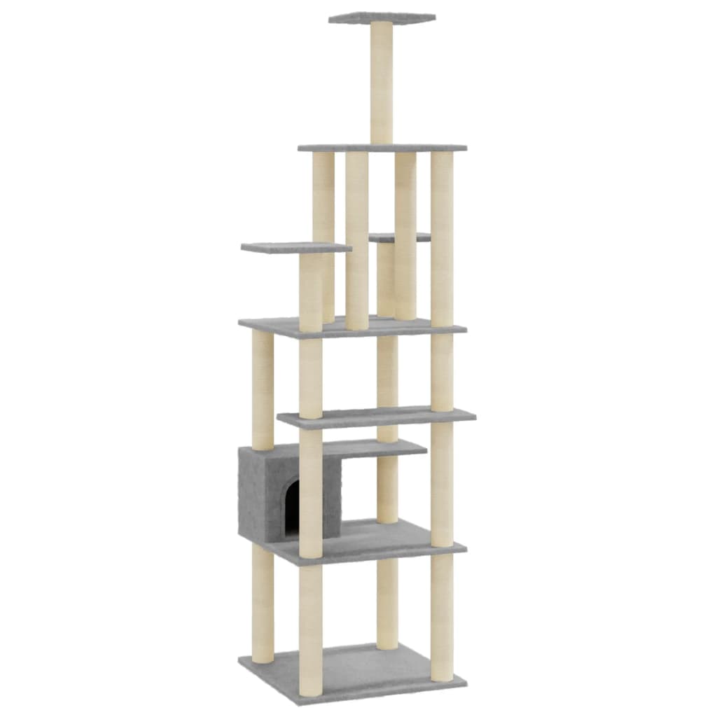 Cat house with sisal rope and scratching post, light grey, 183 cm