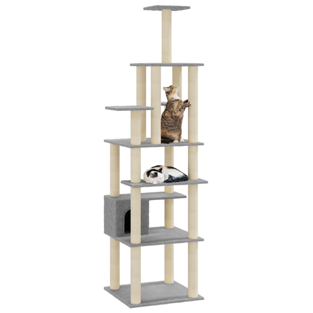 Cat house with sisal rope and scratching post, light grey, 183 cm