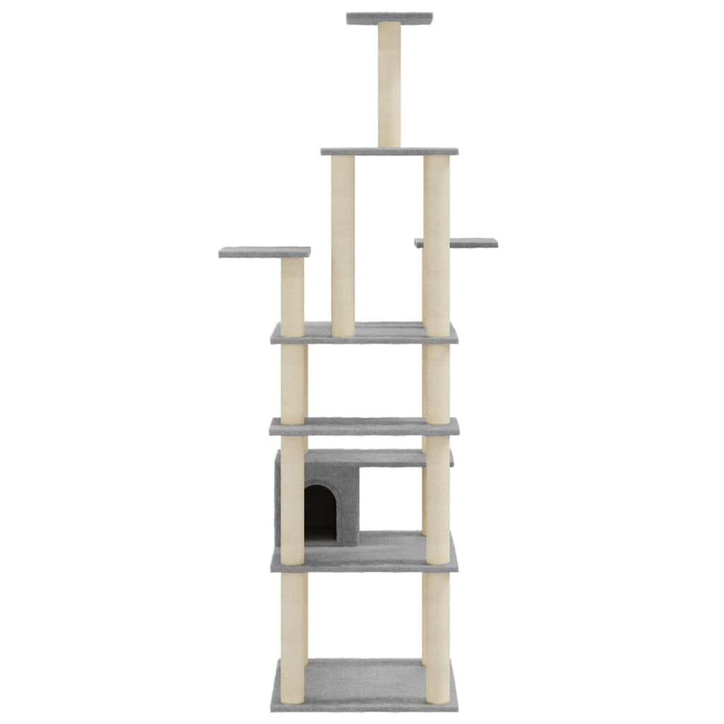 Cat house with sisal rope and scratching post, light grey, 183 cm