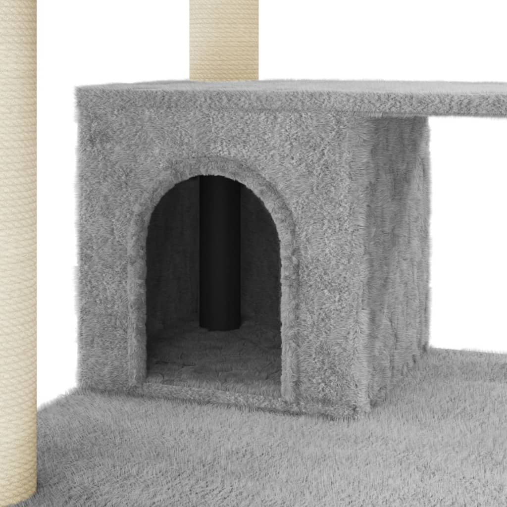 Cat house with sisal rope and scratching post, light grey, 183 cm