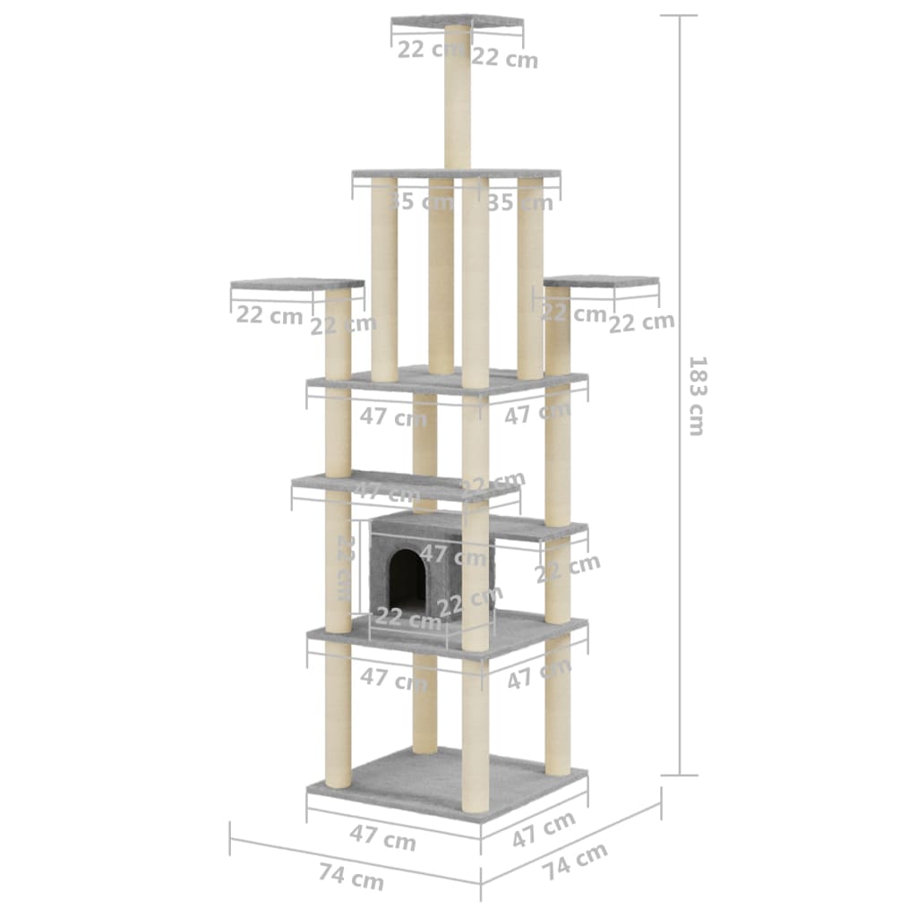 Cat house with sisal rope and scratching post, light grey, 183 cm