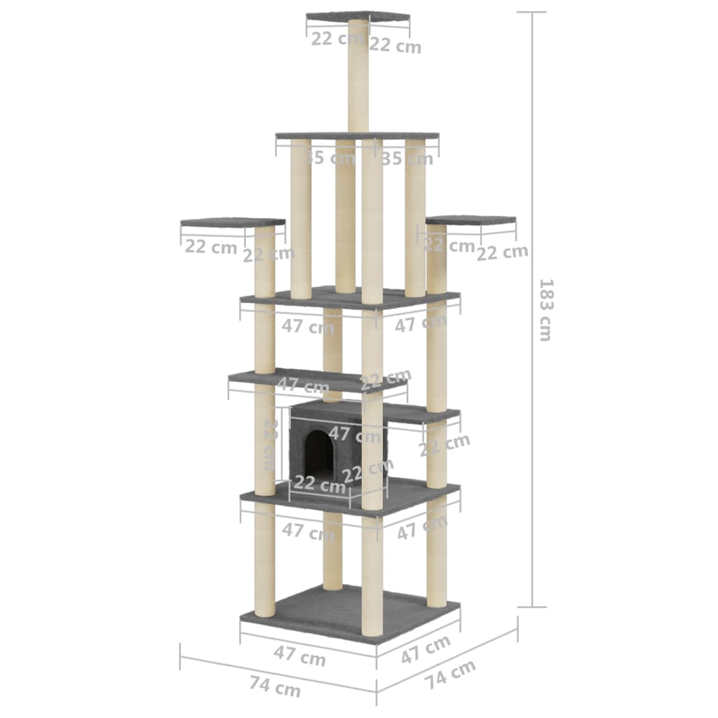 Cat house with sisal rope and scratching post, dark grey, 183 cm