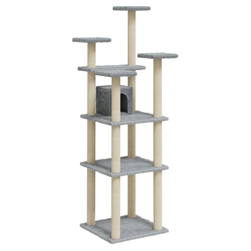 Cat house with sisal rope scratching posts, light grey, 171 cm