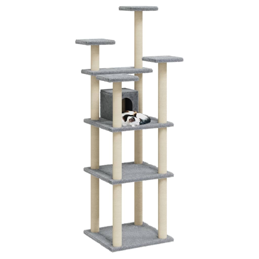 Cat house with sisal rope scratching posts, light grey, 171 cm