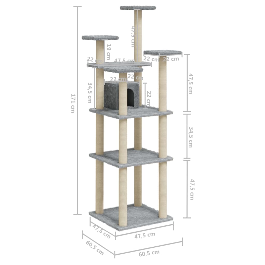 Cat house with sisal rope scratching posts, light grey, 171 cm