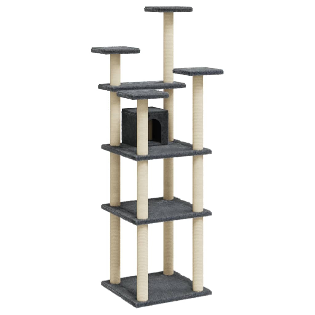 Cat house with sisal rope scratching posts, dark grey, 171 cm