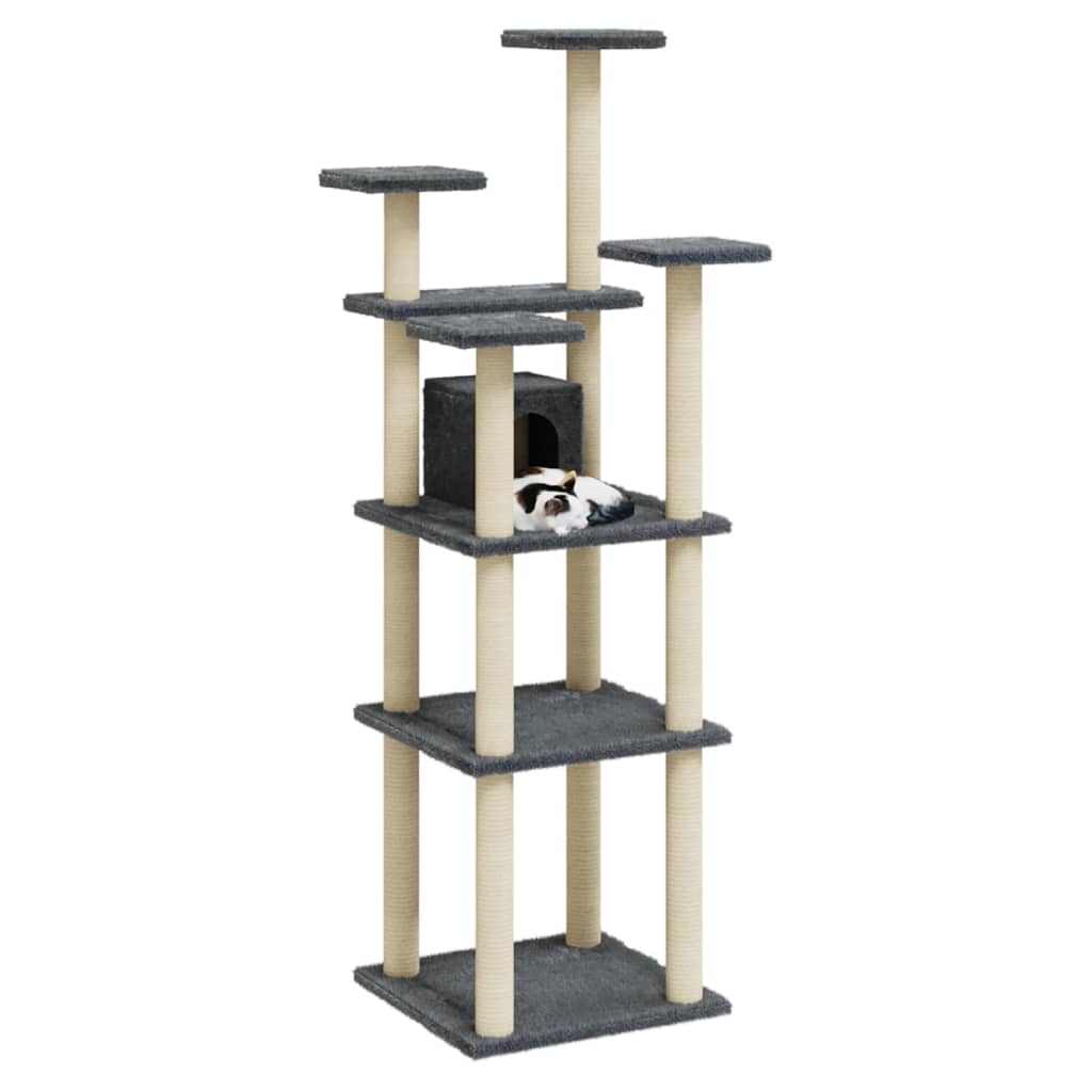 Cat house with sisal rope scratching posts, dark grey, 171 cm