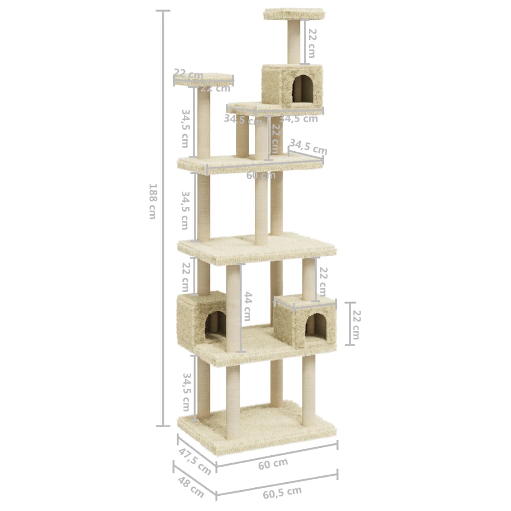 Cat house with sisal rope scratching posts, cream, 188 cm