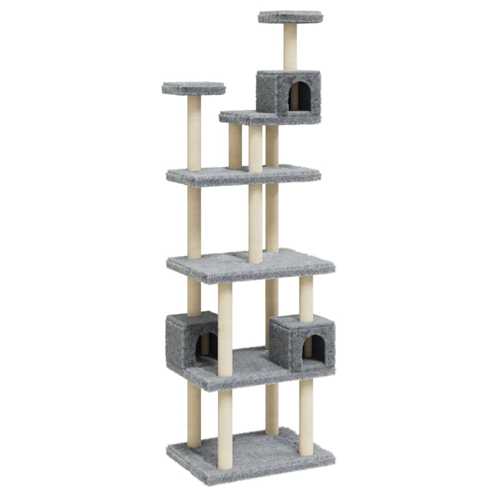 Cat house with sisal rope scratching posts, light grey, 188 cm