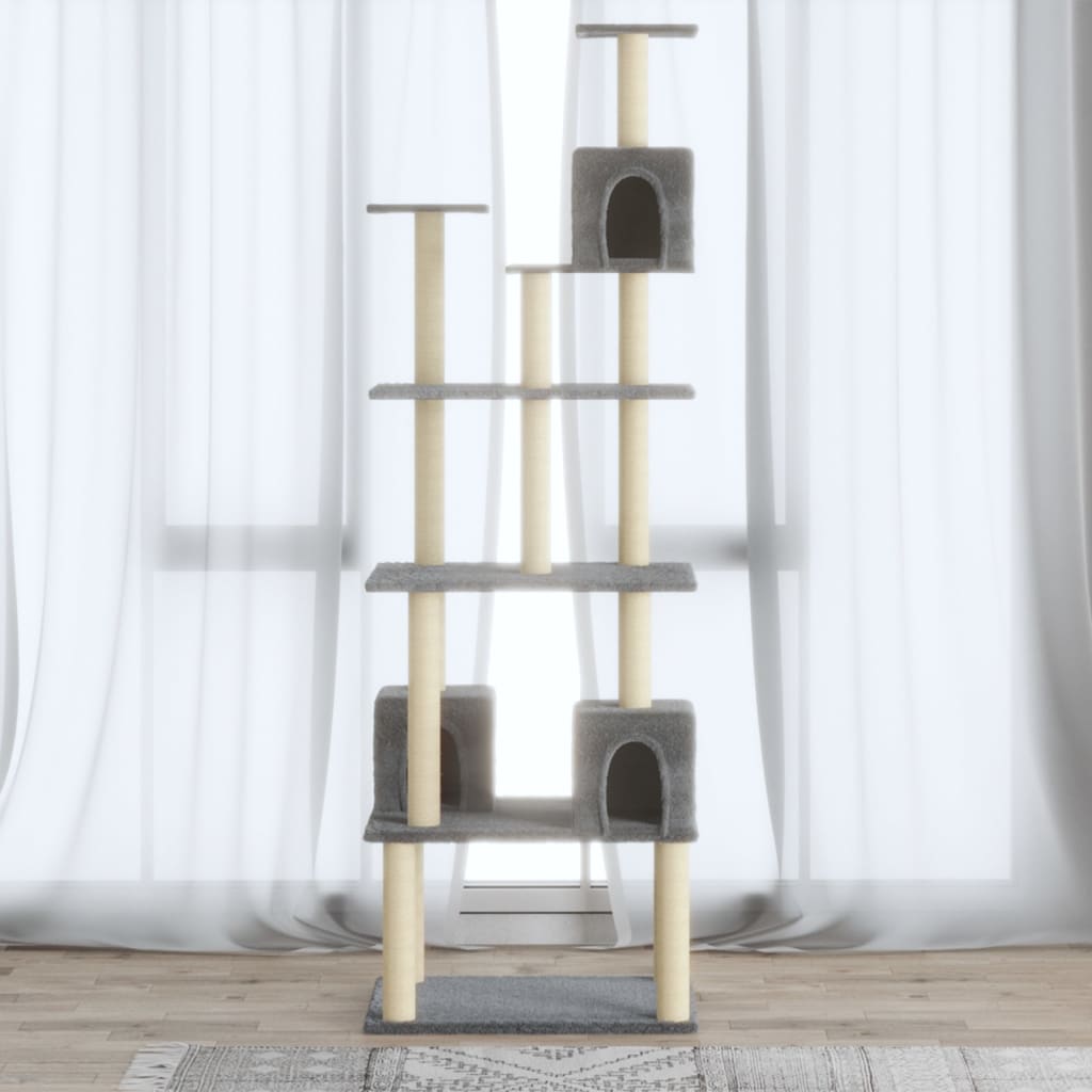 Cat house with sisal rope scratching posts, light grey, 188 cm