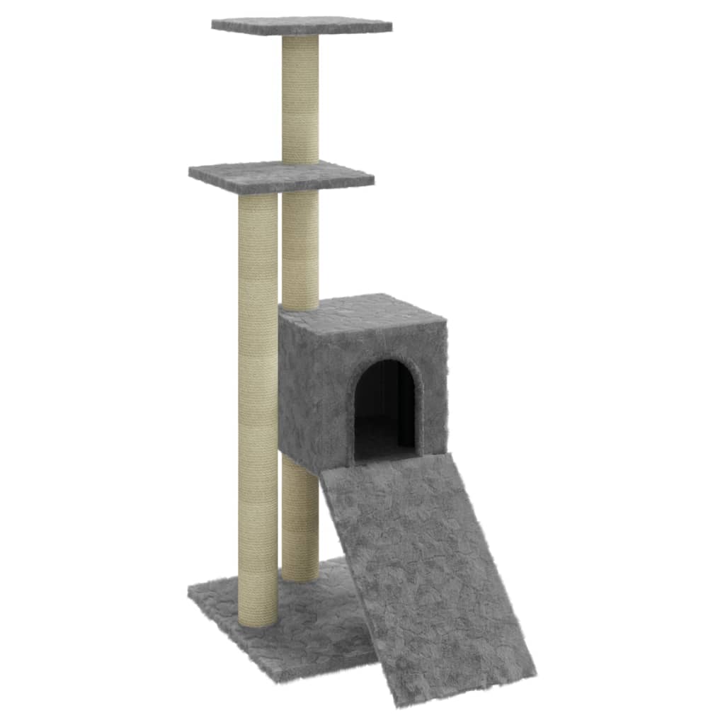 Cat house with sisal rope scratching posts, light grey, 92 cm