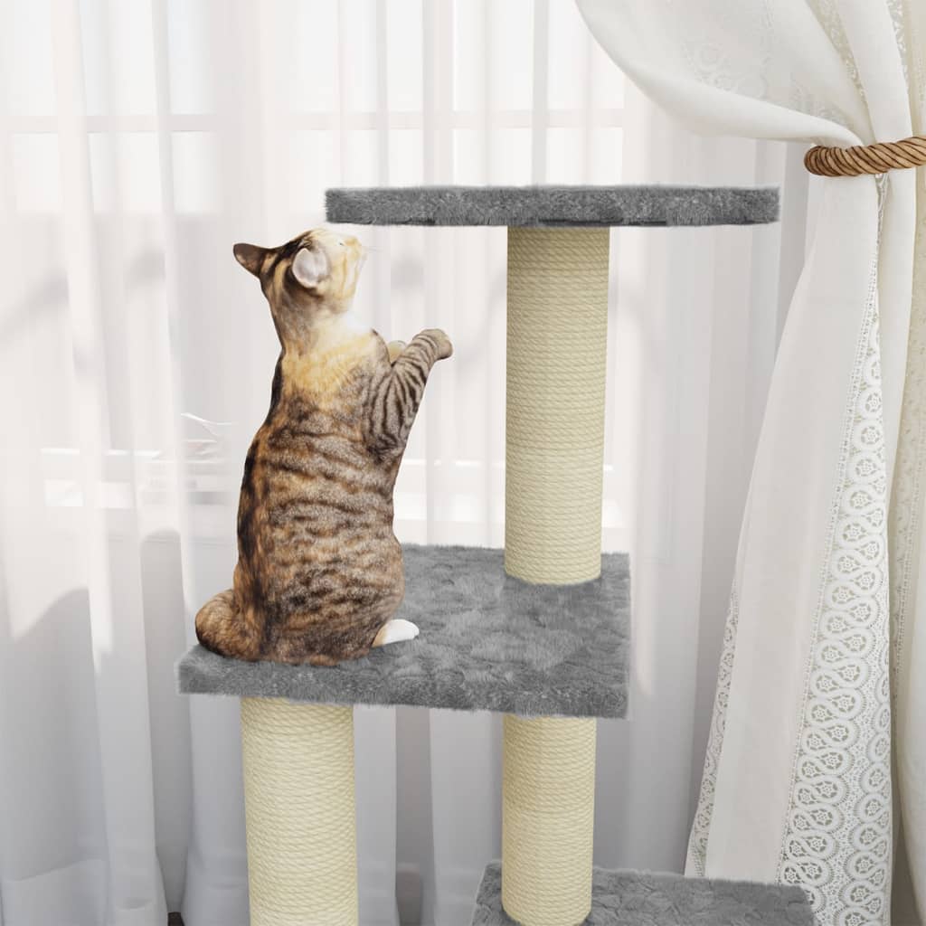 Cat house with sisal rope scratching posts, light grey, 92 cm