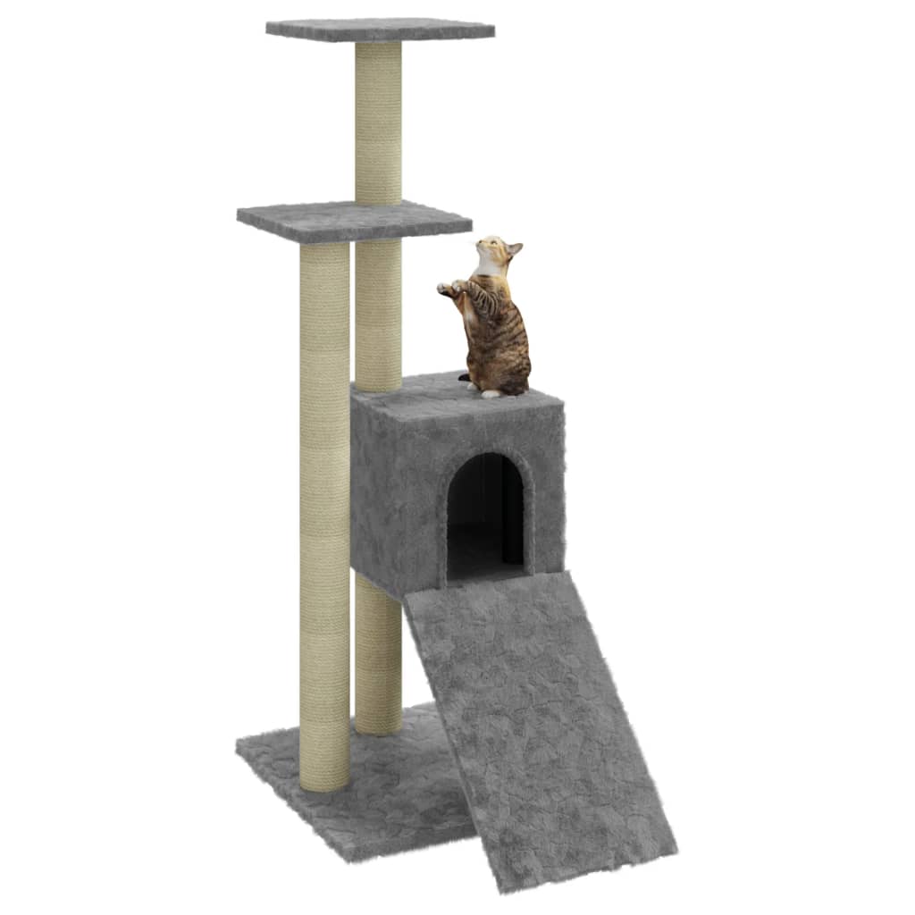 Cat house with sisal rope scratching posts, light grey, 92 cm