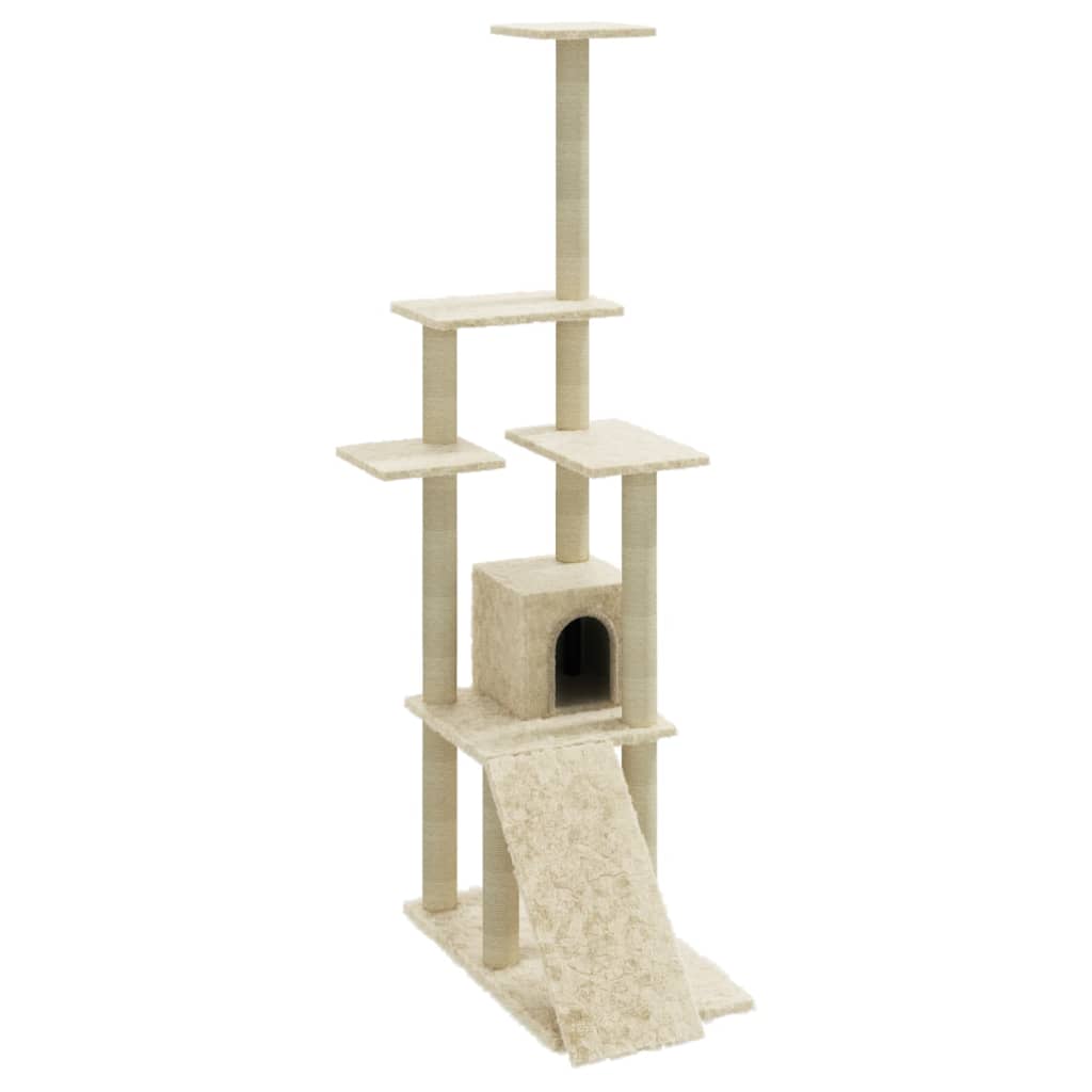 Cat house with sisal rope scratching posts, cream, 155 cm