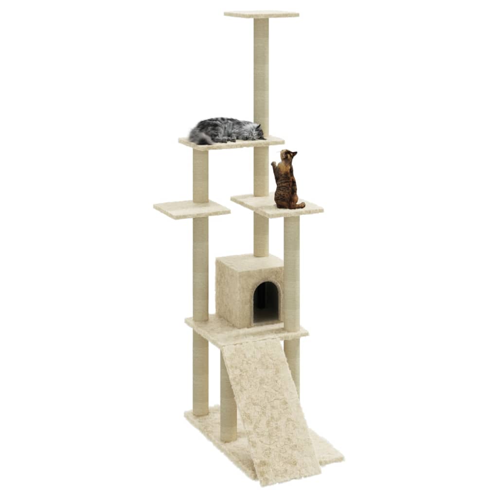 Cat house with sisal rope scratching posts, cream, 155 cm