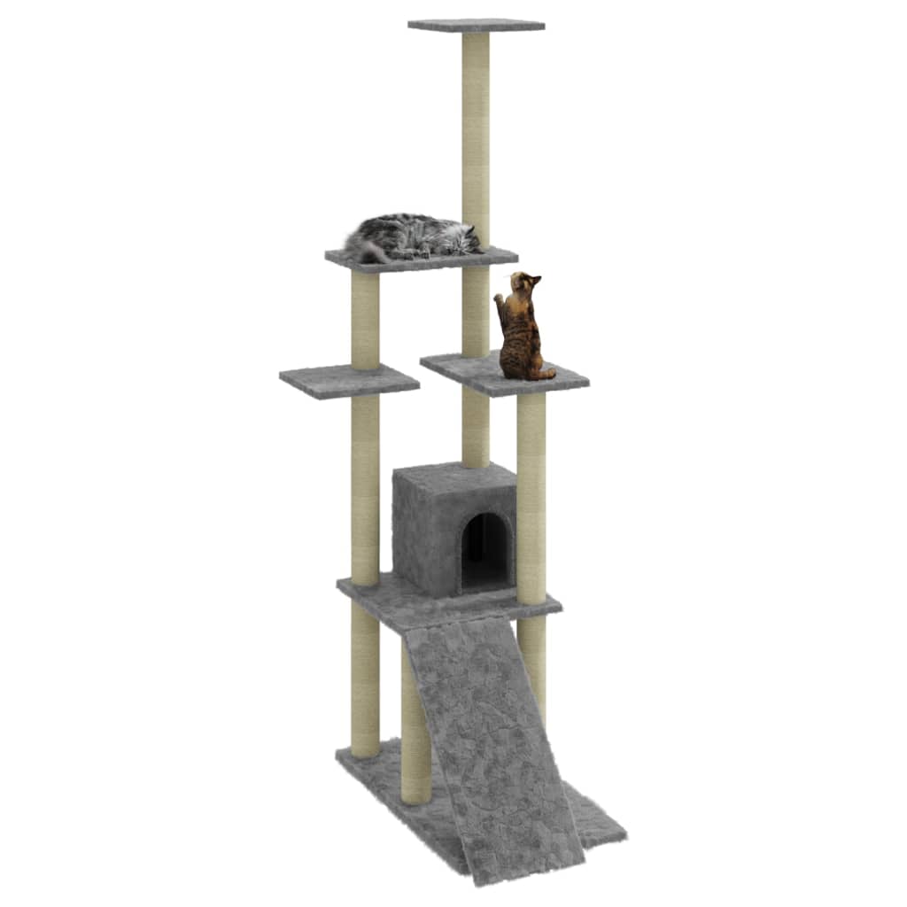 Cat house with sisal rope scratching posts, light grey, 155 cm