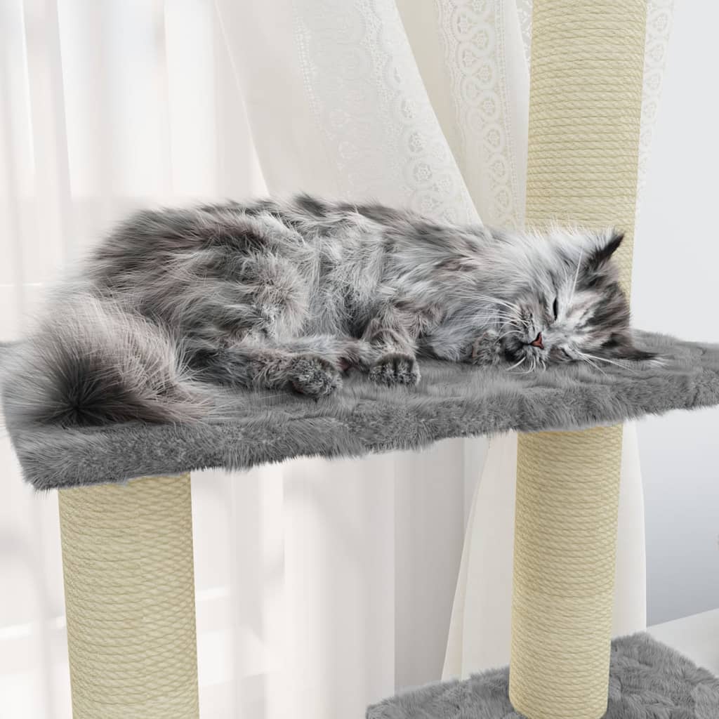 Cat house with sisal rope scratching posts, light grey, 155 cm