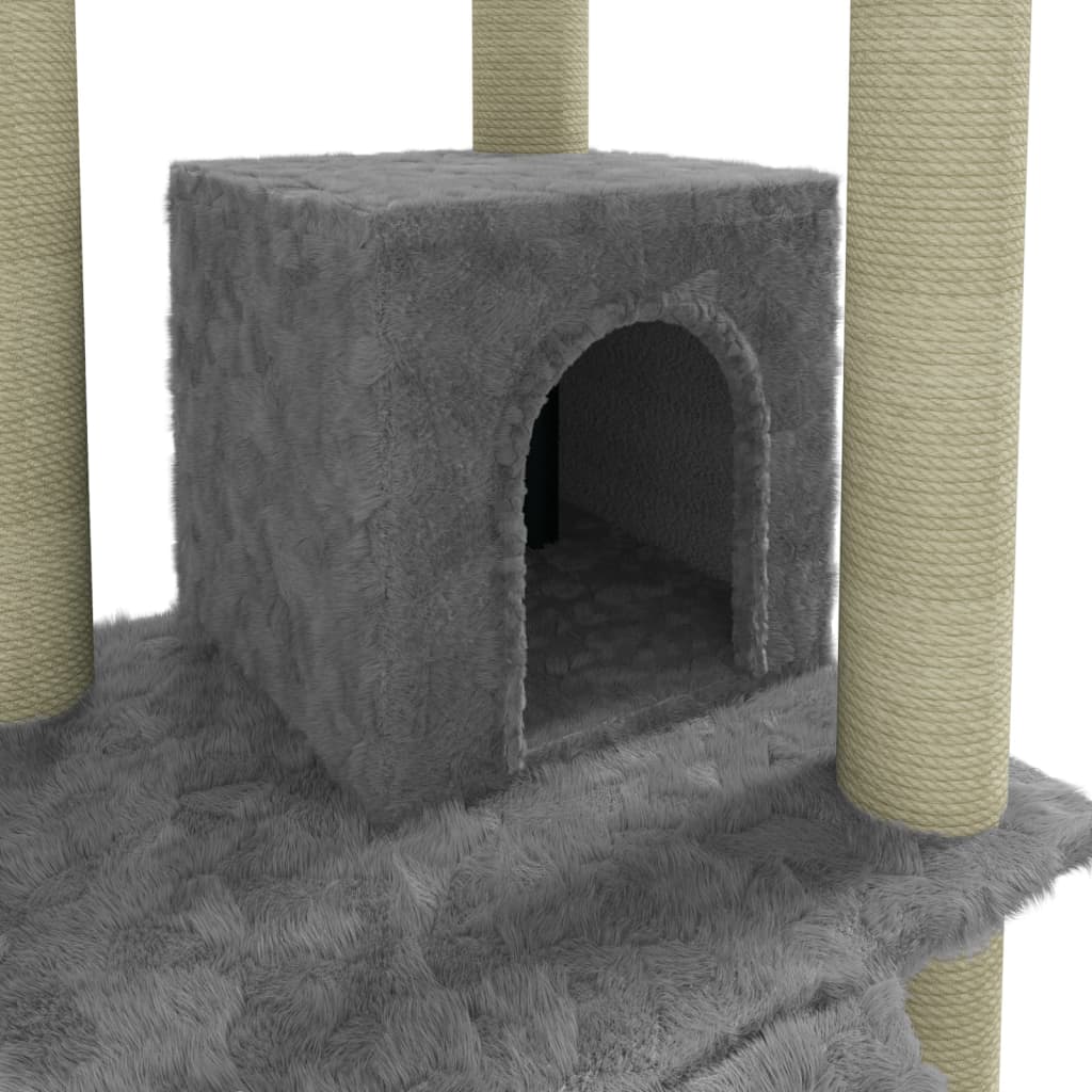 Cat house with sisal rope scratching posts, light grey, 155 cm