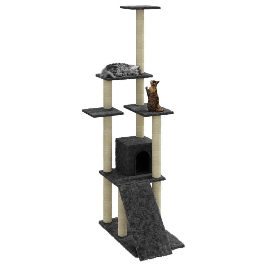 Cat house with sisal rope scratching posts, dark grey, 155 cm