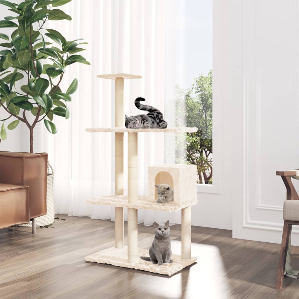 Cat house with sisal rope and scratching post, cream, 119 cm