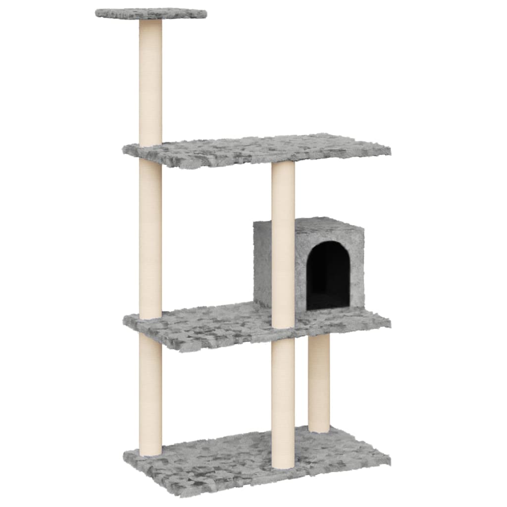 Cat house with sisal rope and scratching post, light grey, 119 cm