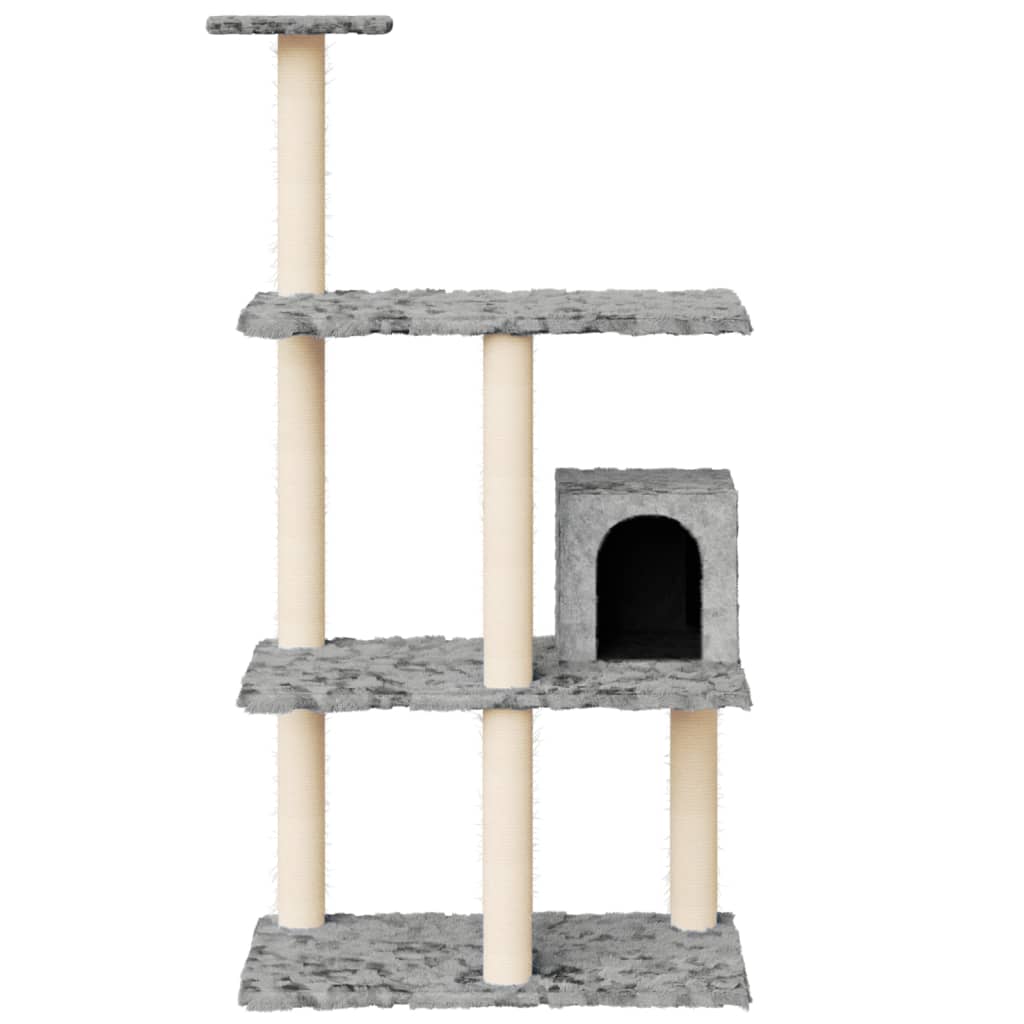 Cat house with sisal rope and scratching post, light grey, 119 cm