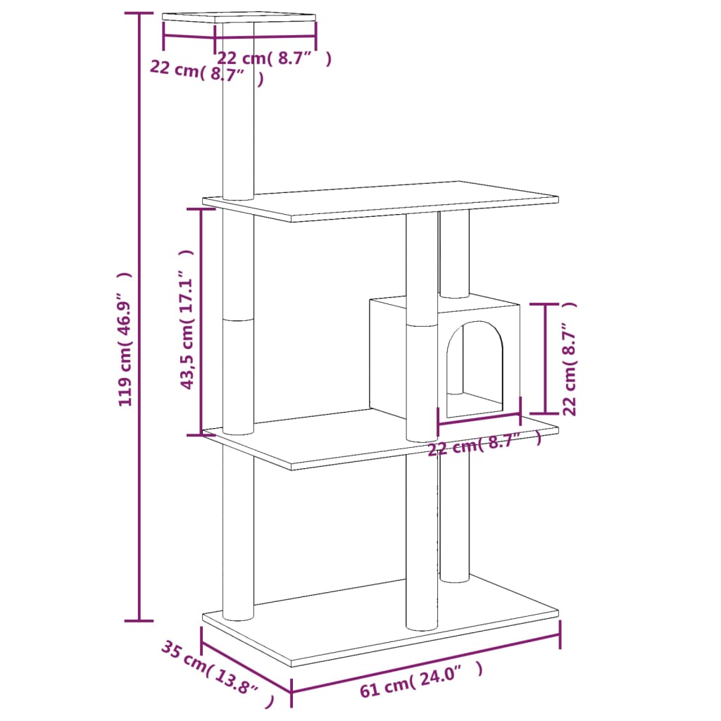 Cat house with sisal rope and scratching post, light grey, 119 cm