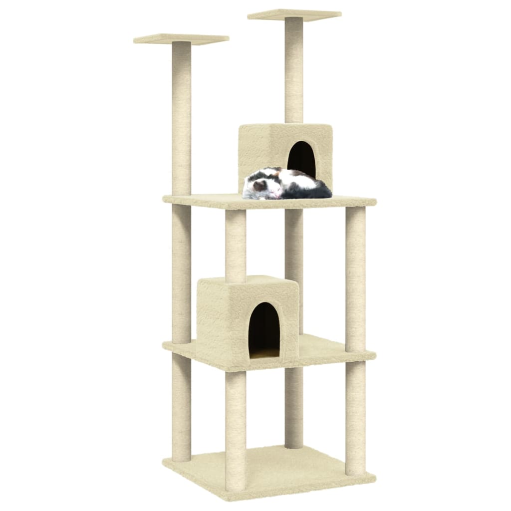 Cat house with sisal rope and scratching post, cream, 141 cm