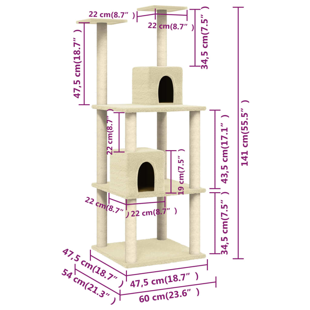 Cat house with sisal rope and scratching post, cream, 141 cm