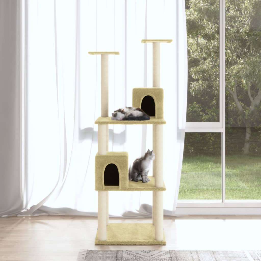 Cat house with sisal rope and scratching post, cream, 141 cm