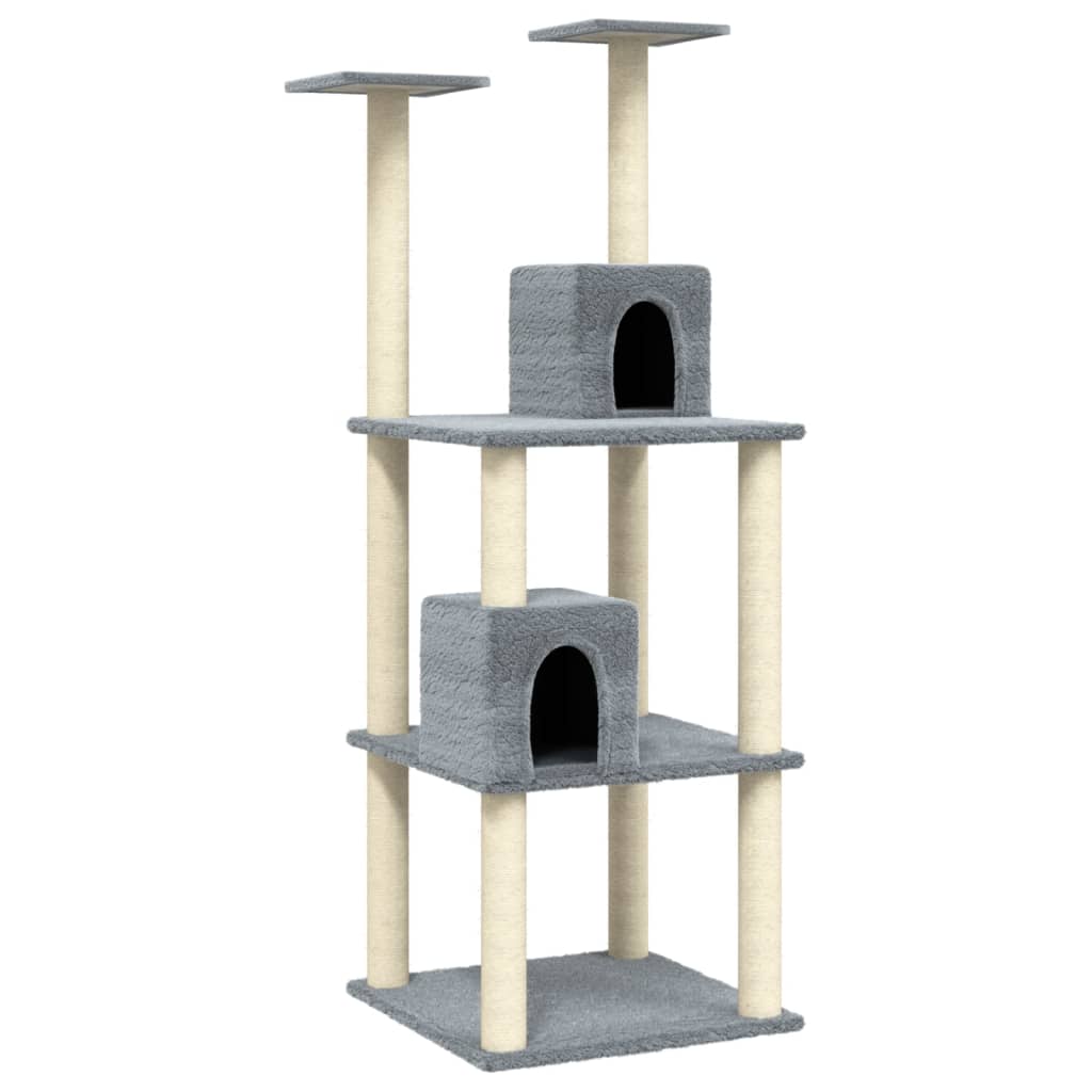 Cat house with sisal rope scratching posts, light grey, 141 cm