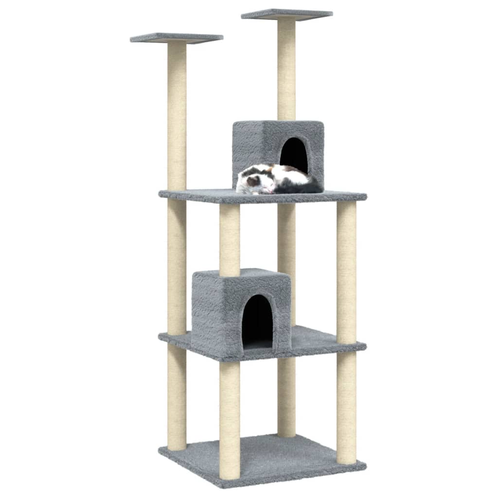 Cat house with sisal rope scratching posts, light grey, 141 cm