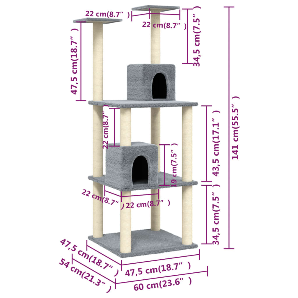 Cat house with sisal rope scratching posts, light grey, 141 cm