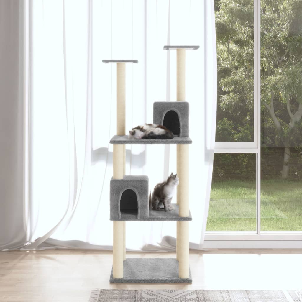 Cat house with sisal rope scratching posts, light grey, 141 cm