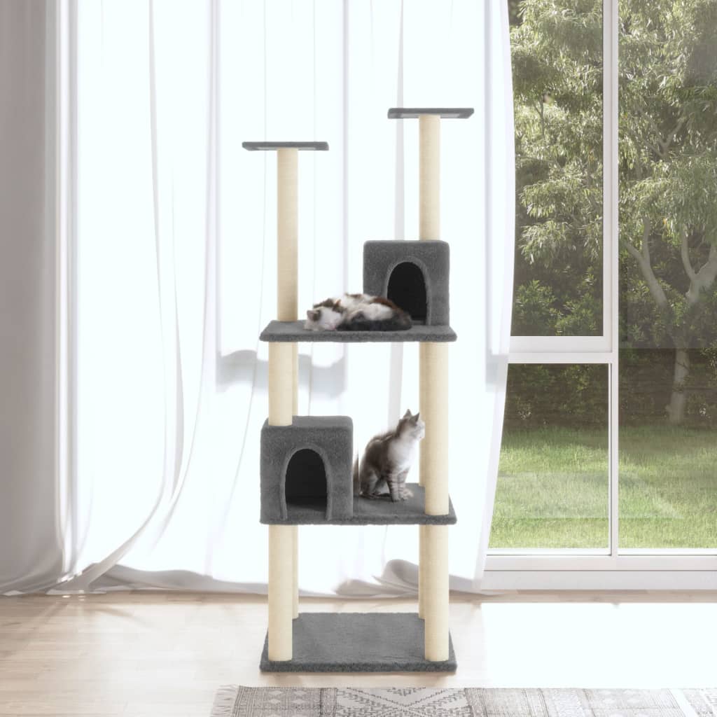 Cat house with sisal rope scratching posts, dark grey, 141 cm