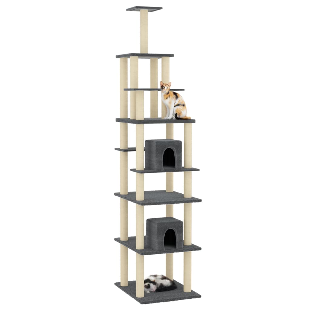 Cat house with sisal rope and scratching post, dark grey, 216 cm