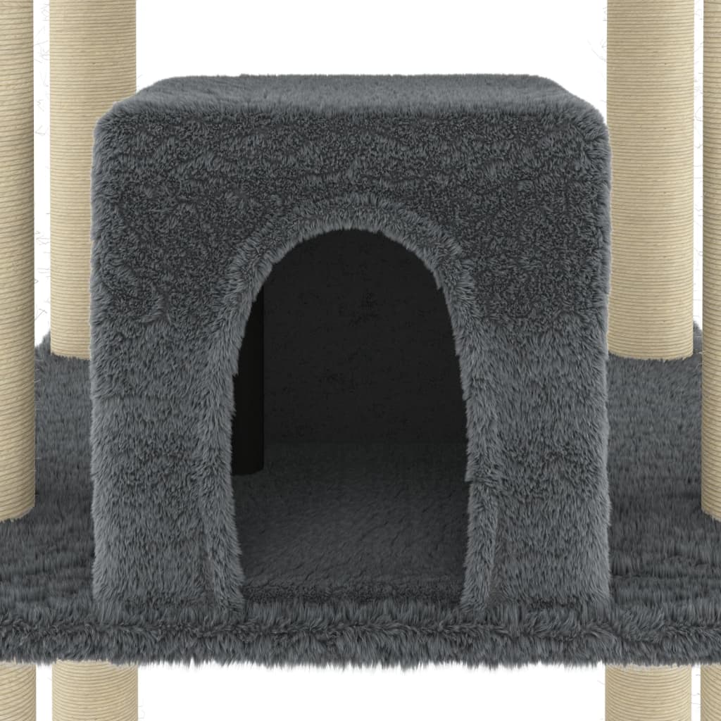 Cat house with sisal rope and scratching post, dark grey, 216 cm