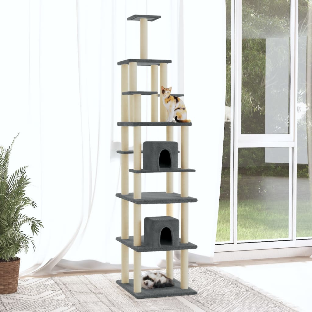 Cat house with sisal rope and scratching post, dark grey, 216 cm