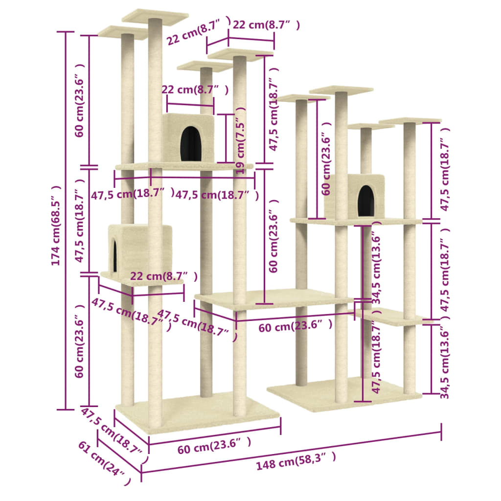 Cat house with sisal rope and scratching post, cream, 174 cm