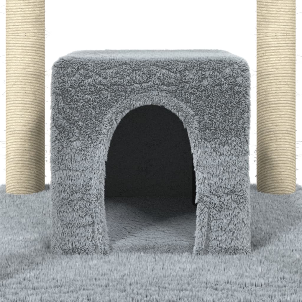 Cat house with sisal rope scratching posts, light grey, 174 cm