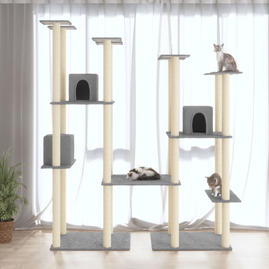 Cat house with sisal rope scratching posts, light grey, 174 cm