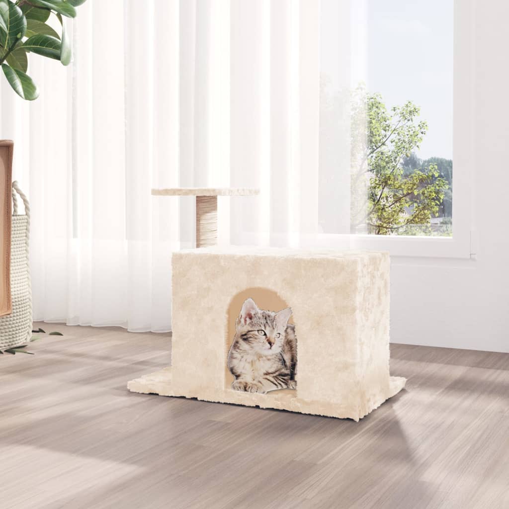 Cat house with sisal rope and scratching post, cream, 51 cm