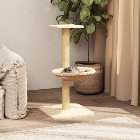 Cat house with sisal rope and scratching post, cream, 74 cm