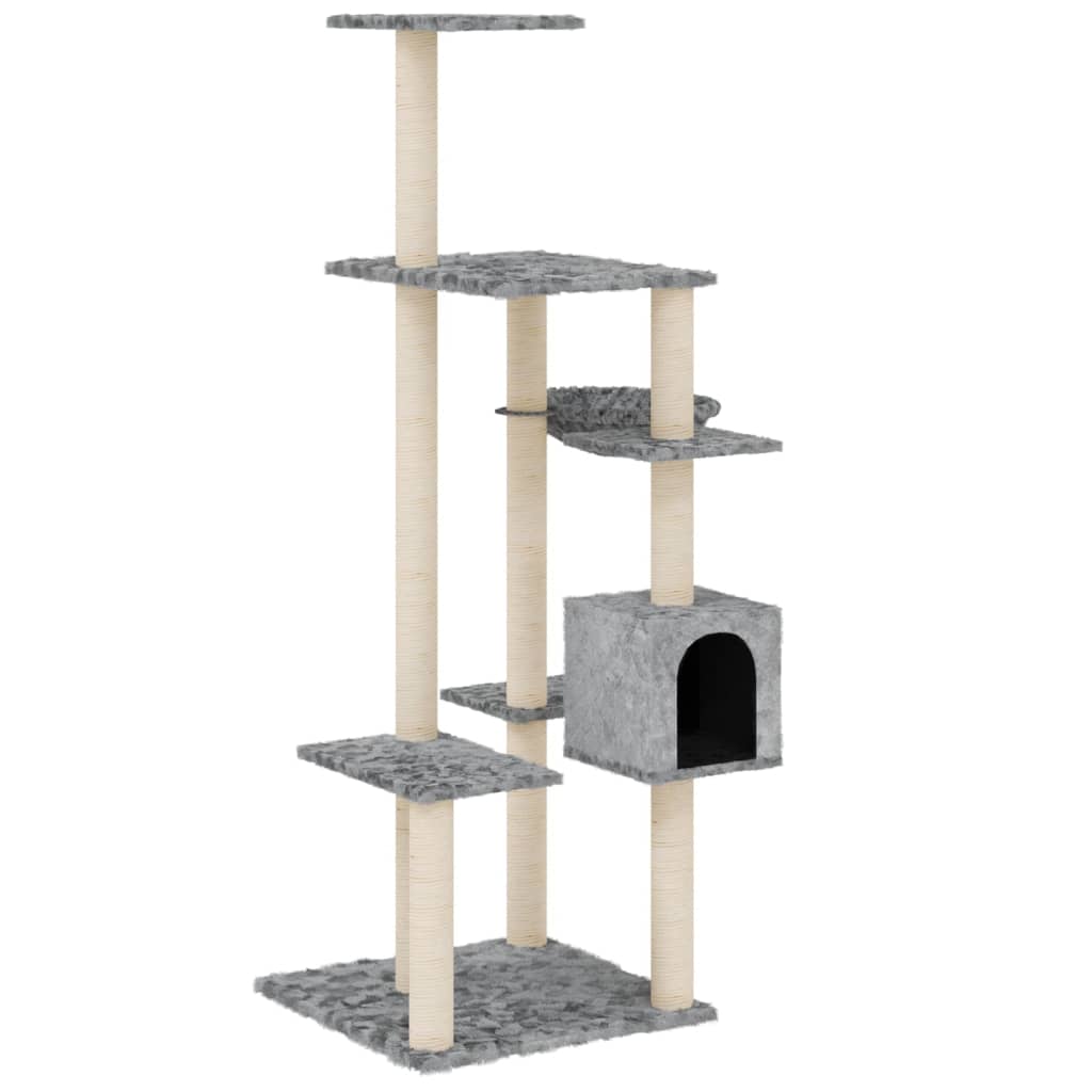 Cat house with sisal rope and scratching post, light grey, 142 cm